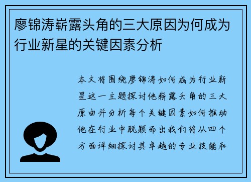 廖锦涛崭露头角的三大原因为何成为行业新星的关键因素分析
