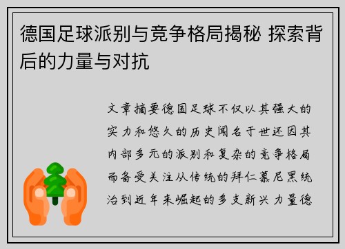 德国足球派别与竞争格局揭秘 探索背后的力量与对抗